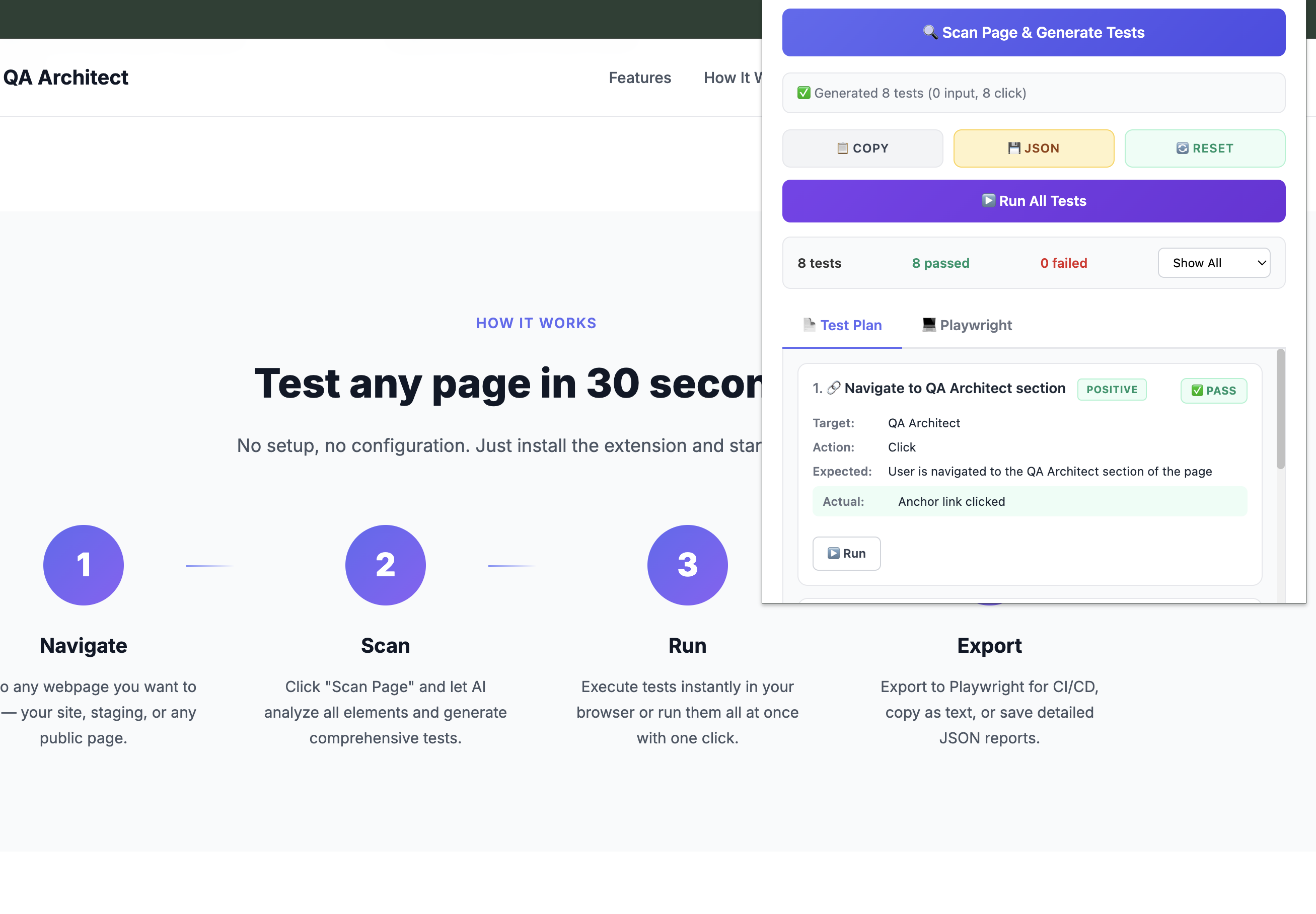 QA Architect Chrome Extension Interface showing AI-powered test generation for web pages with Playwright export functionality